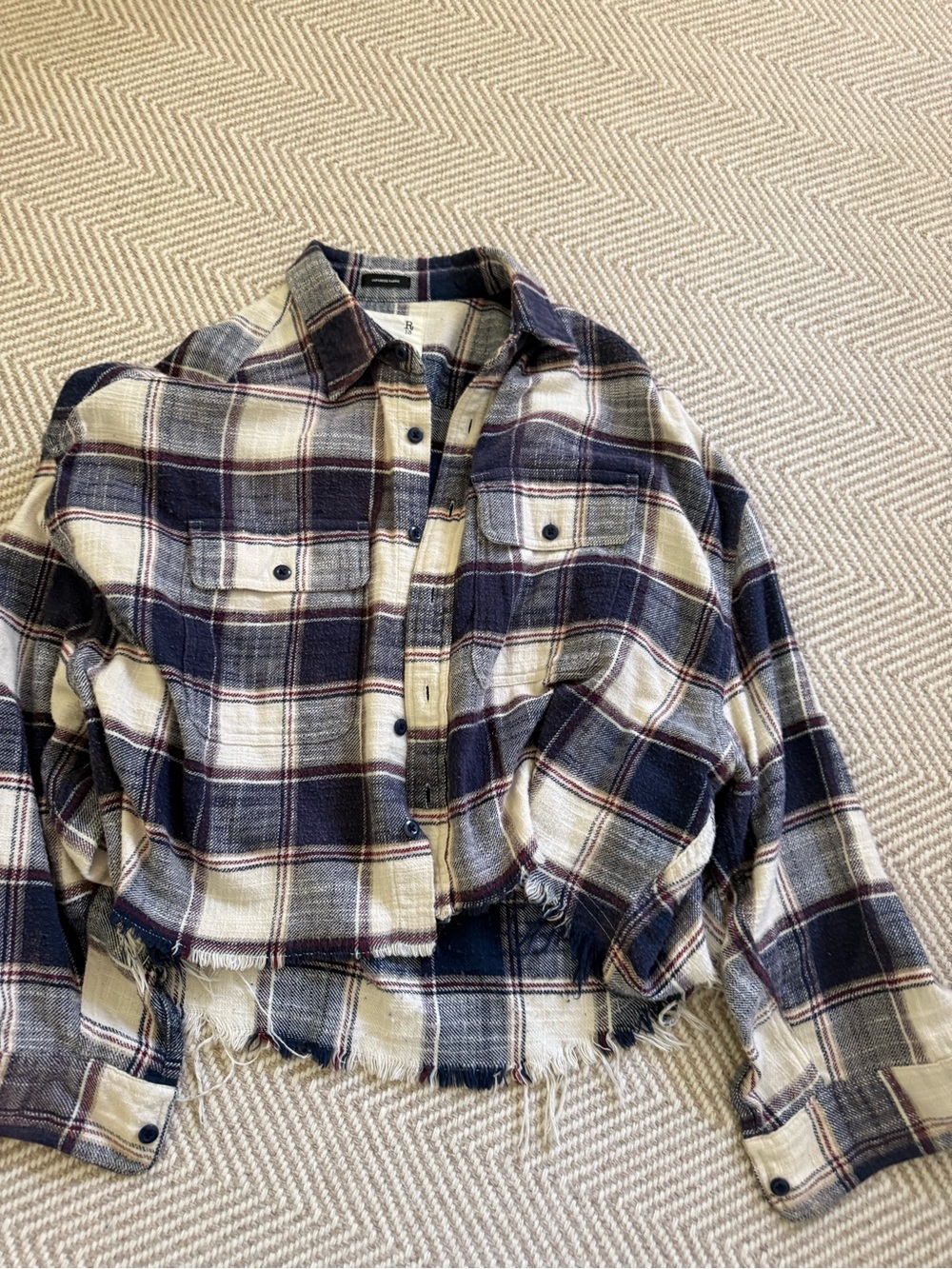 R13 Navy, Cream & Brown Plaid Cropped Flannel Button-Down